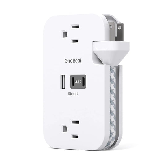 Regleta de Viaje con Puertos USB facil de llevar, 2 Tomas y 3 USB (2 USB C) con Cable de Extensión Corto de 12 Pulgadas Estación de Carga para Escritorio, Imprescindible para Viajes, Hoteles y Cruceros